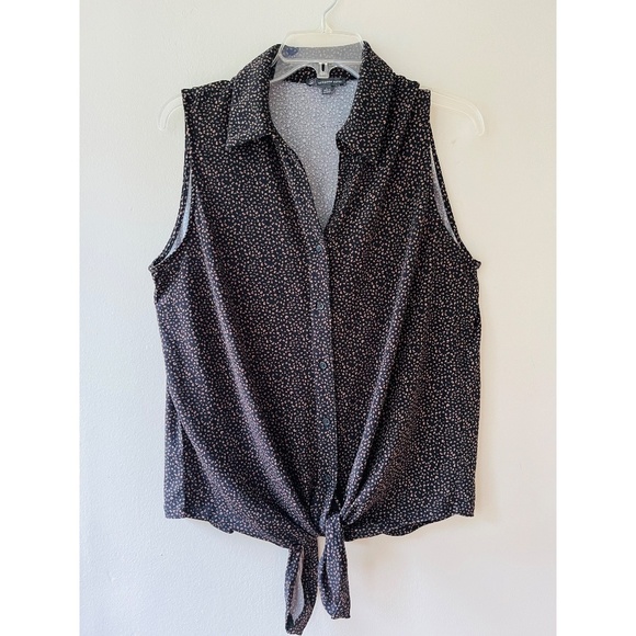 Adrianna Papell Sz L Tank Top Stretch V Neck Blouse Black Button Down Tie Waist - Picture 1 of 7